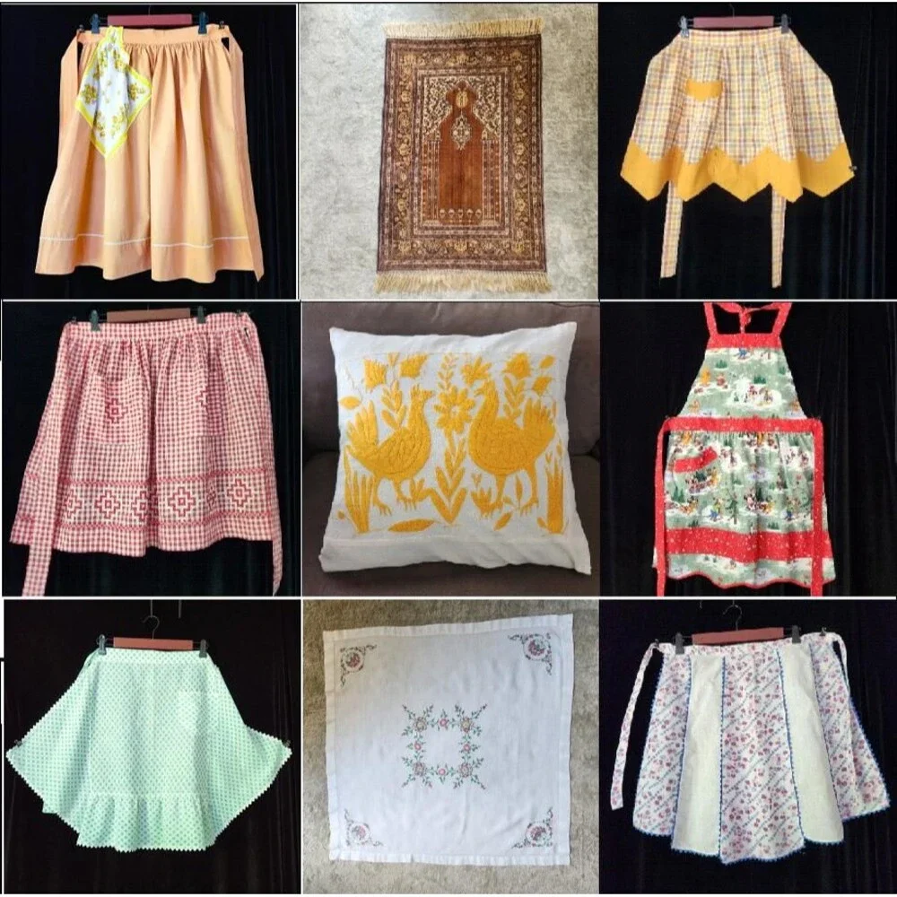 OOAK Half Apron Vintage Kitchen Turquoise Aqua White Plaid with Rick Rack Hem